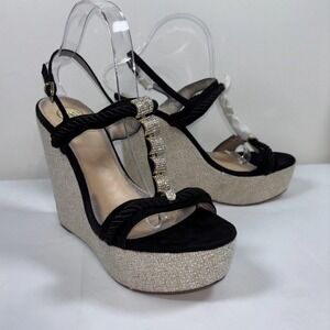 Exe Rosa Pave Cord Platform Wedge Sandals Sz 41 Gold Tone Rhinestone Boho Goth